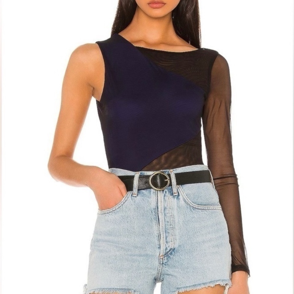 h:ours Black and Blue Asymmetrical Cut-Out Bodysuit